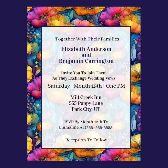 Colourful Vibrant Poppy Flower Wedding Invitation (Colorful vibrant poppy flower wedding invitation with elegant floral border )