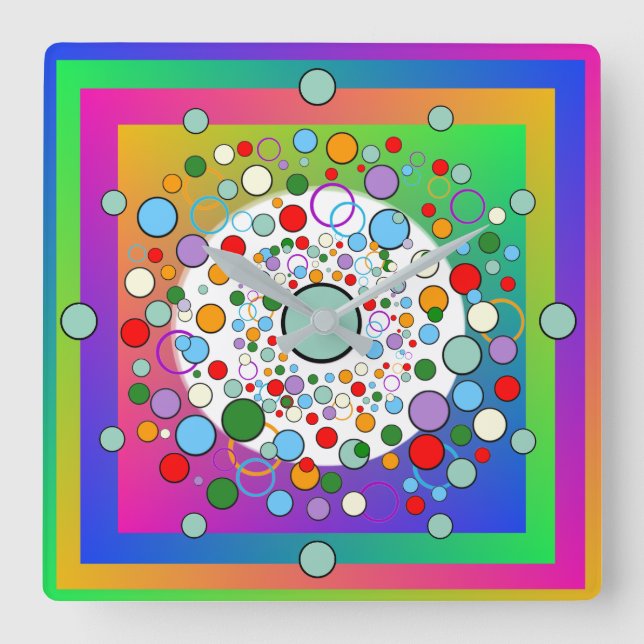 Colourful Vibrant  Rainbow Circles and Dots Square Wall Clock (Front)
