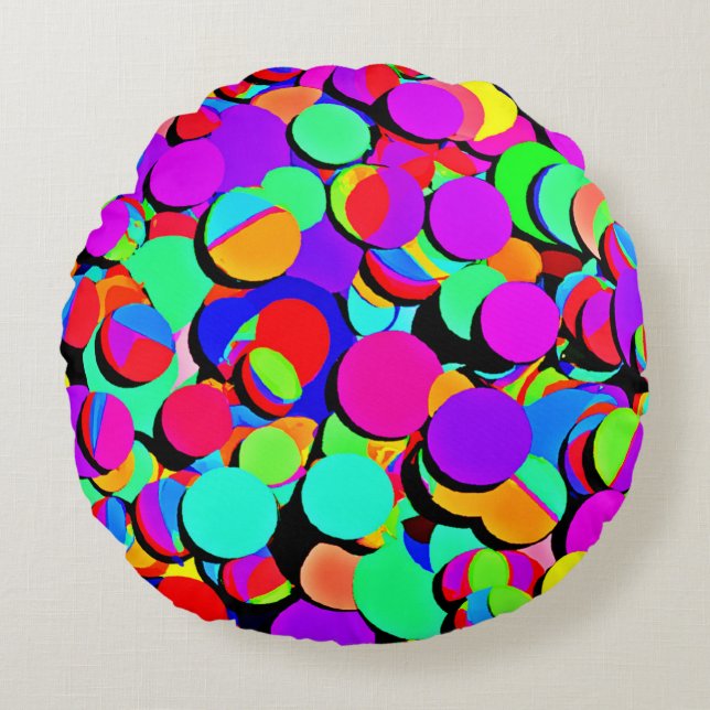 Colourful Vibrant Retro Revival Pattern Round Cushion (Front)