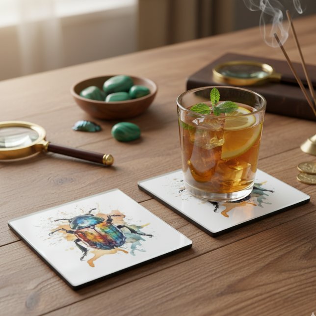 colourful vibrant scarab in watercolor glass coaster (Creator Uploaded)