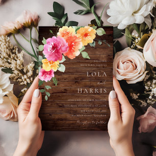 Colourful Vibrant Spring Floral Rustic Wood Weddin Invitation