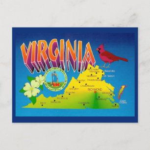 Colourful Vibrant  Virginia Map Postcard