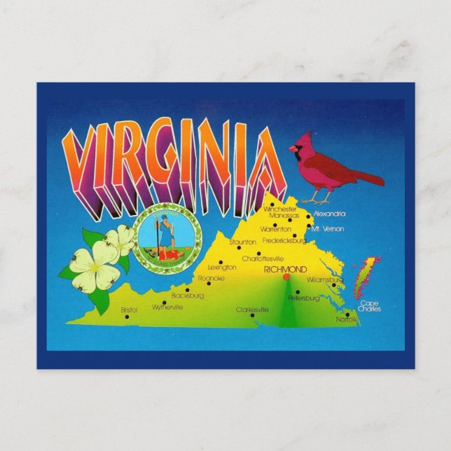 Colourful Vibrant  Virginia Map Postcard (Front)