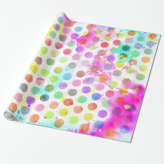 colourful vibrant watercolour splatters polka dots wrapping paper (Unrolled)