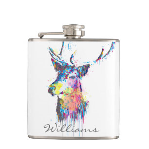colourful vibrant watercolours splatters deer head hip flask