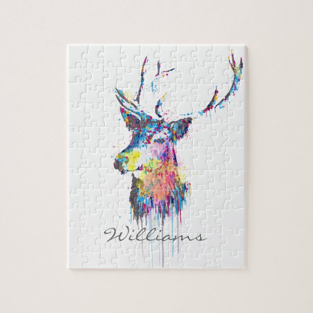 colourful vibrant watercolours splatters deer head jigsaw puzzle (Vertical)