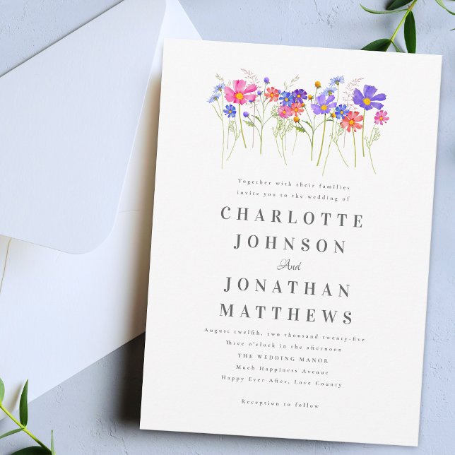 Colourful Vibrant Wildflower Boho Wedding Invitation (Elegant colorful vibrant wildflower floral wedding invitation)