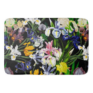 Colourful Victorian Iris Flowers on Black Pattern Bath Mat