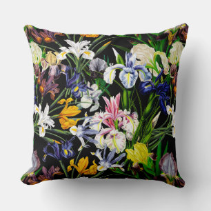 Colourful Victorian Iris Flowers on Black Pattern Cushion