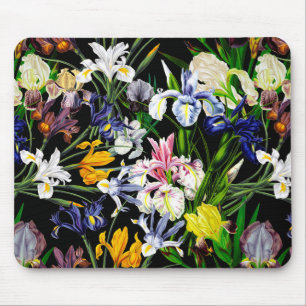 Colourful Victorian Iris Flowers on Black Pattern Mouse Pad
