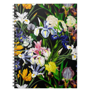 Colourful Victorian Iris Flowers on Black Pattern Notebook