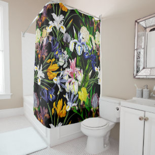 Colourful Victorian Iris Flowers on Black Pattern Shower Curtain
