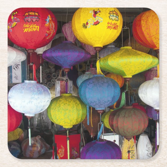 Colourful Vietnamese hanging lanterns  Square Paper Coaster (Front)