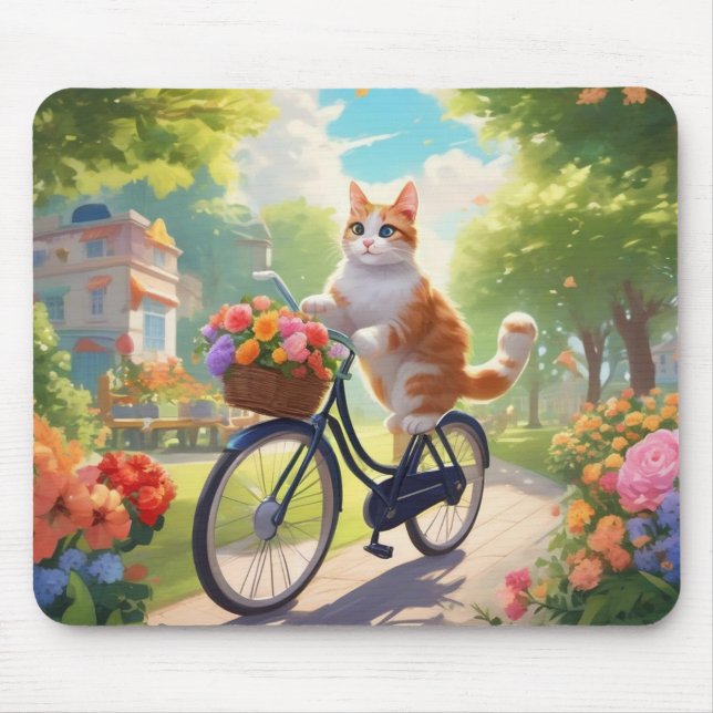 Colourful View with Cat on Bicycle Mouse Pad (Front)