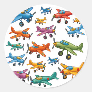Colourful Vintage Aeroplanes Pattern – Retro Aviat Classic Round Sticker