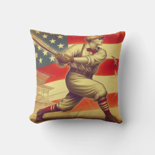 Colourful Vintage Baseball Player Swinging a Bat Cushion