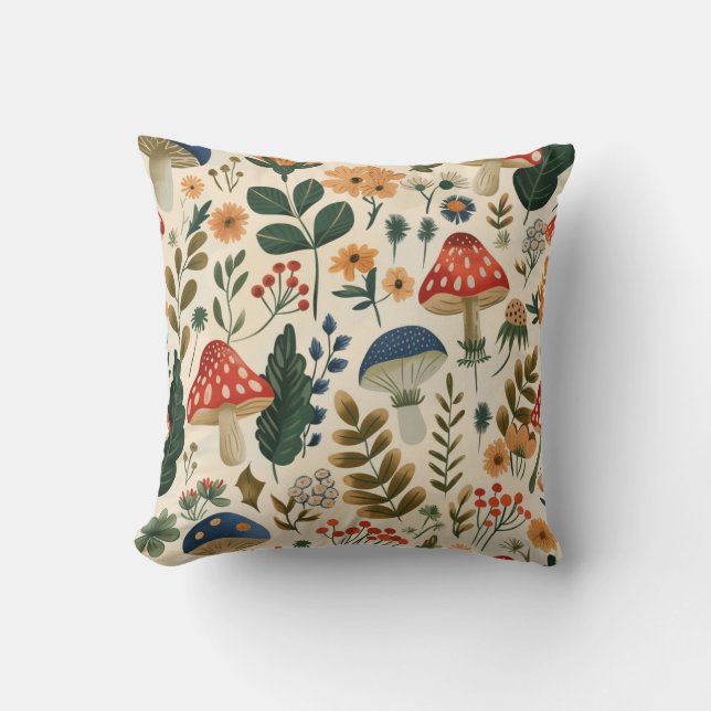 Colourful Vintage Botanical Mushroom Cushion (Front)
