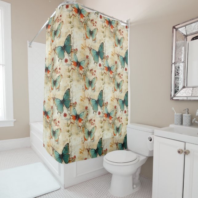 Colourful Vintage Butterflies and Flowers (3) Shower Curtain (In Situ)