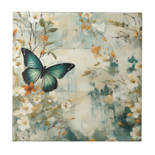 Colourful Vintage Butterflies and Flowers (6) Ceramic Tile