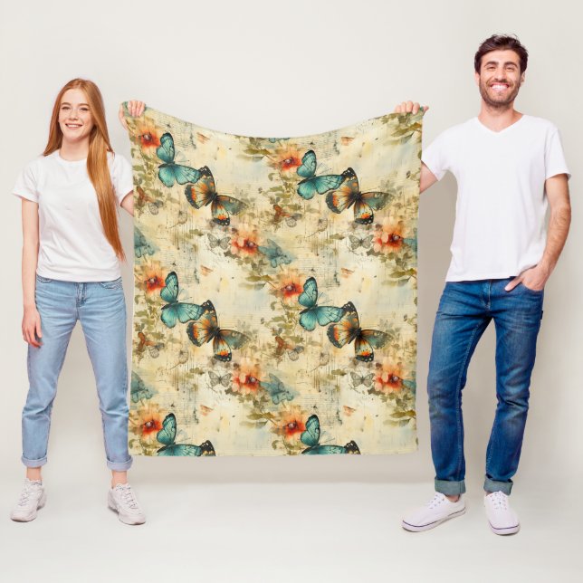 Colourful Vintage Butterflies and Flowers (8) Fleece Blanket (In Situ)