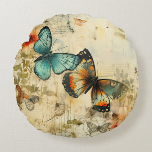 Colourful Vintage Butterflies and Flowers (8) Round Cushion