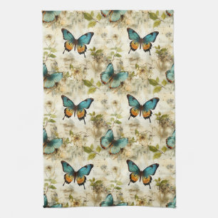 Colourful Vintage Butterflies and Flowers Tea Towel