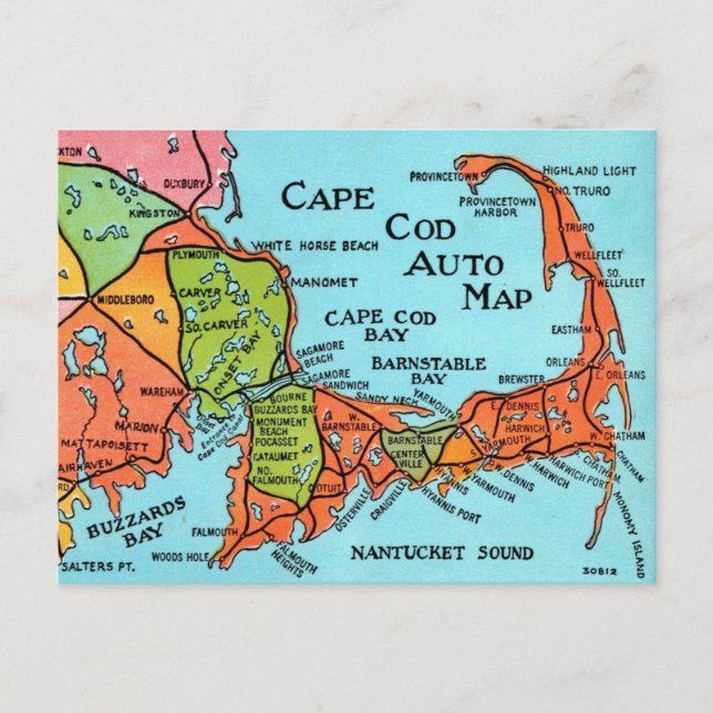 Colourful Vintage Cape Cod Map Postcard (Front)