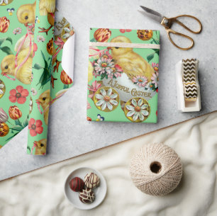 Colourful Vintage Chicks & Flowers Easter Pattern Wrapping Paper