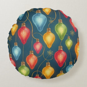 Colourful, vintage Christmas lights decor Round Cushion