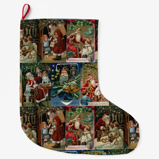 Colourful Vintage Father Christmas Collage Large Christmas Stocking (Front)