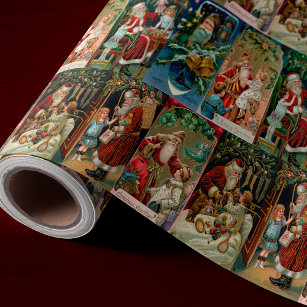 Colourful Vintage Father Christmas Collage Wrapping Paper