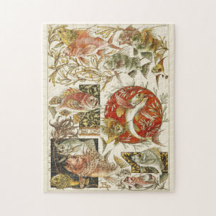 Colourful vintage fishes, art nouveau marine life jigsaw puzzle