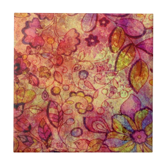 Colourful vintage floral pattern ceramic tile (Front)