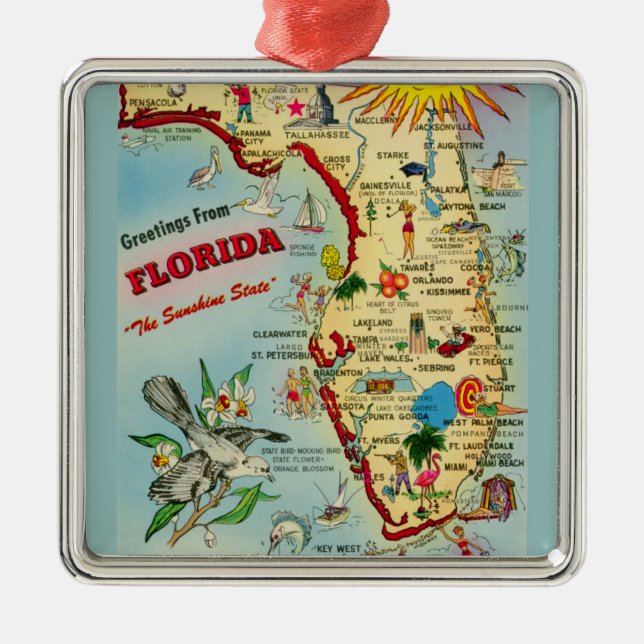 Colourful Vintage Florida Map Metal Ornament (Front)
