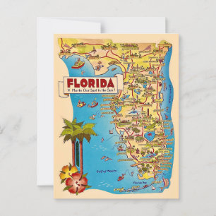 Colourful Vintage Florida Map Postcard