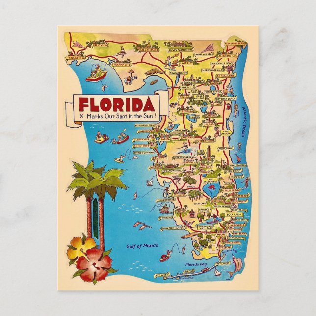 Colourful Vintage Florida Map Postcard (Front)