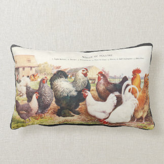 Colourful vintage group of chickens on throw lumbar cushion
