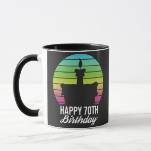 colourful vintage happy 70th birthday cake mug