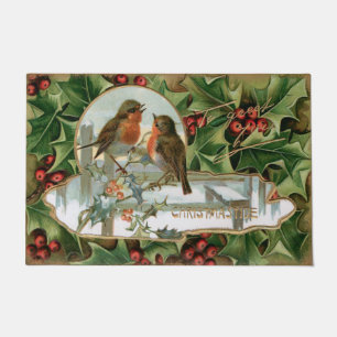 Colourful Vintage Holly, Robins and Greeting Doormat