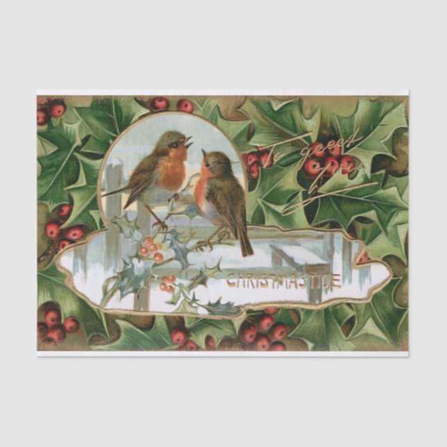 Colourful Vintage Holly, Robins and Greeting Tissue Paper (Front)
