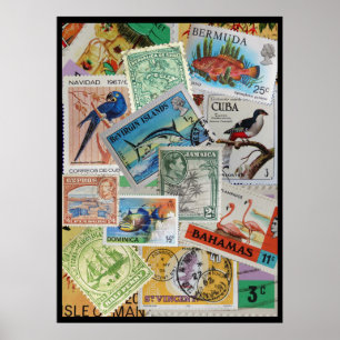 Colourful Vintage Island Stamps Poster Print