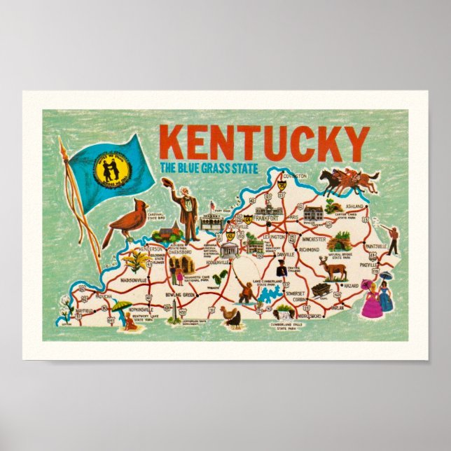 Colourful Vintage Kentucky Map Print (Front)