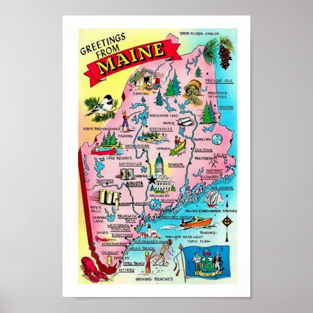 Colourful Vintage Maine Map Print (Front)
