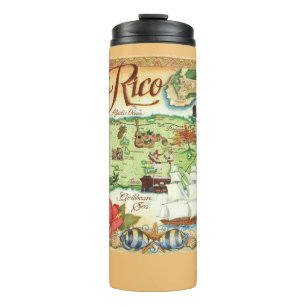 Colourful Vintage Map of Puerto RicoThermal Tumble Thermal Tumbler