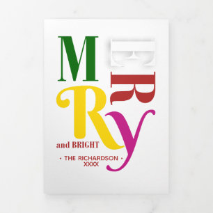 Colourful Vintage Merry & Bright Christmas Photo Tri-Fold Holiday Card