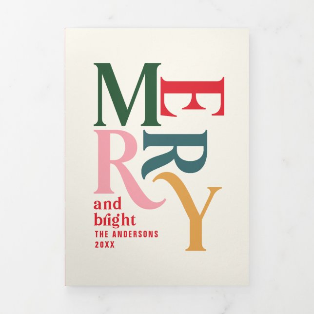 Colourful vintage merry Christmas photo Tri-Fold Holiday Card (Cover)