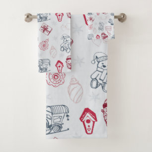 Colourful vintage merry christmas toys bath towel set