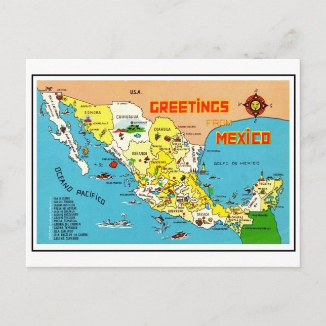 Colourful Vintage Mexico Map  Postcard (Front)