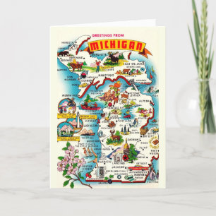 Colourful Vintage Michigan Map  Card