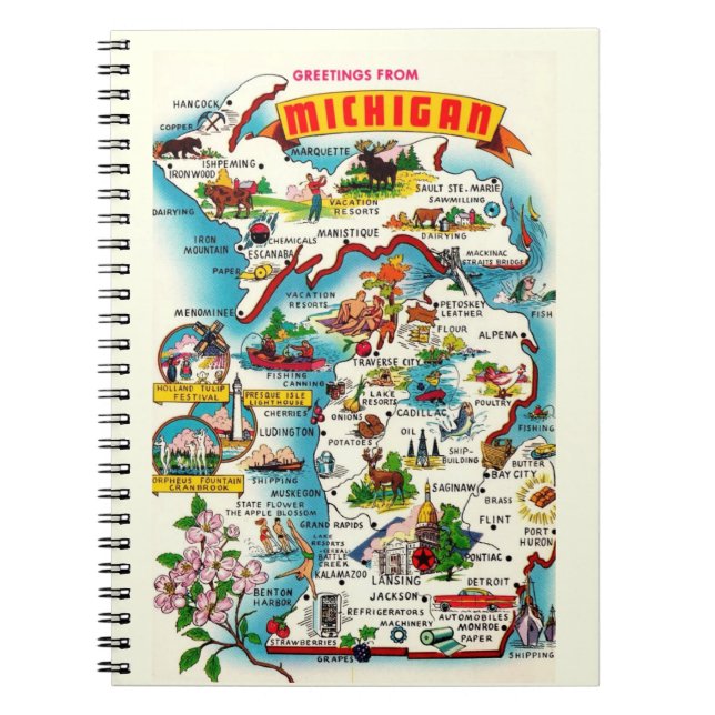 Colourful Vintage Michigan Map Notebook (Front)